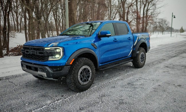 Ford Ranger Raptor 3/4 view in snowy woods